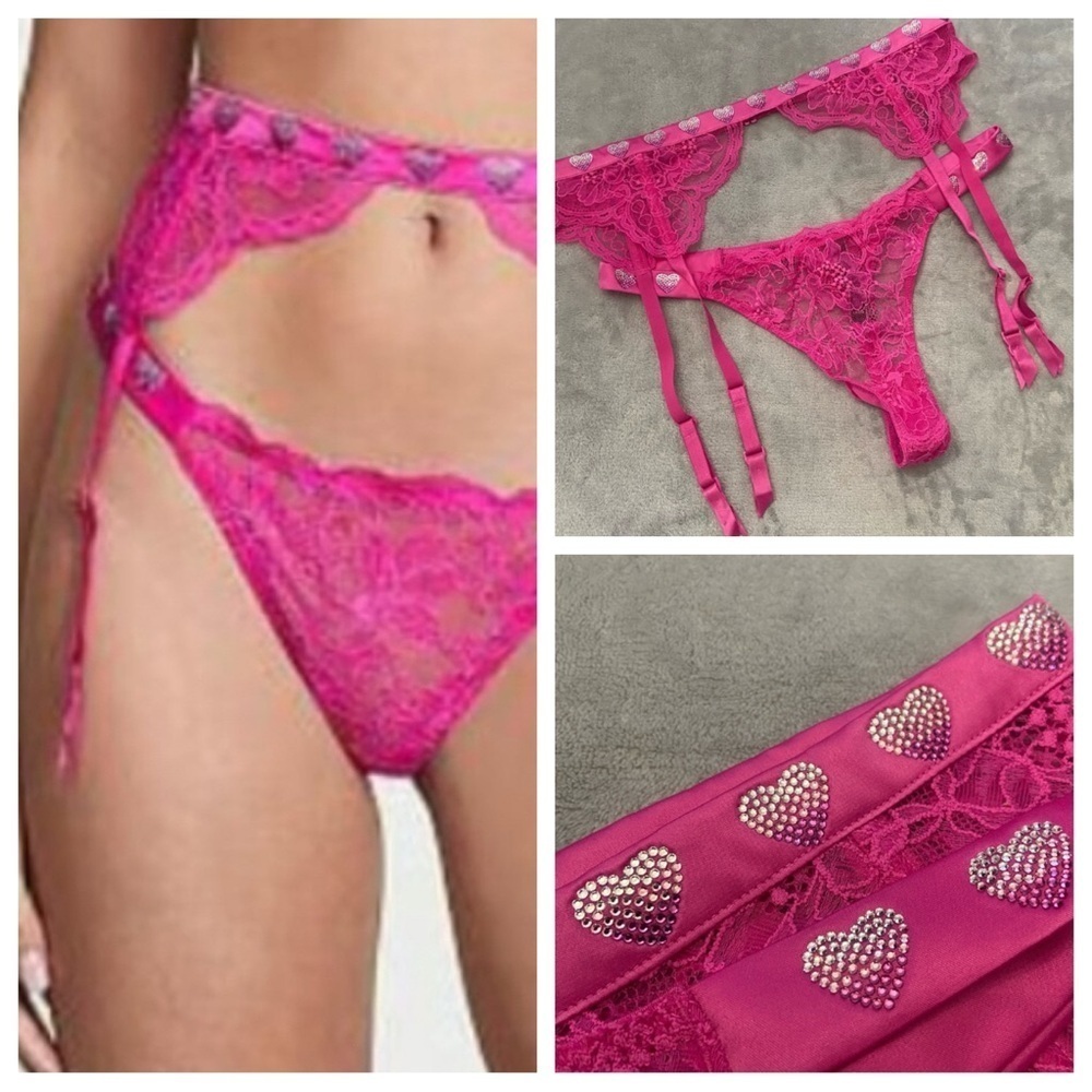 New! Victoria’s Secret Shine Strap Hearts Lace Panty & Garter Belt Set 10302